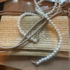 Elegant Straw Cosmetic Bag with Pearl Strap